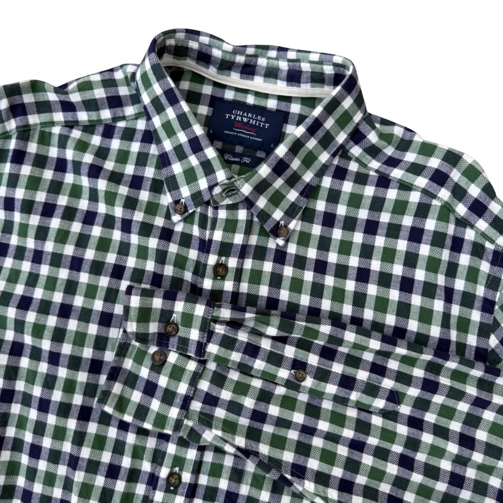 Charles Tyrwhitt Weekend Mens Green Navy Gingham Button Down Shirt Classic Fit L